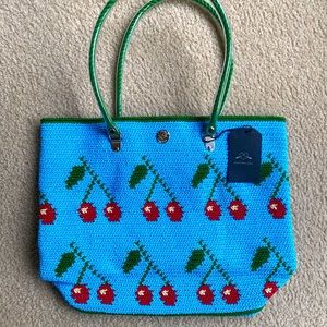 Skipping Girl Cherry Pattern Woven Tote Bag